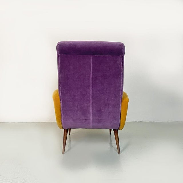 Gold Mid-Century Italian Purple and Yellow Armchair with Wood Conical Legs, 1960s For Sale - Image 8 of 14
