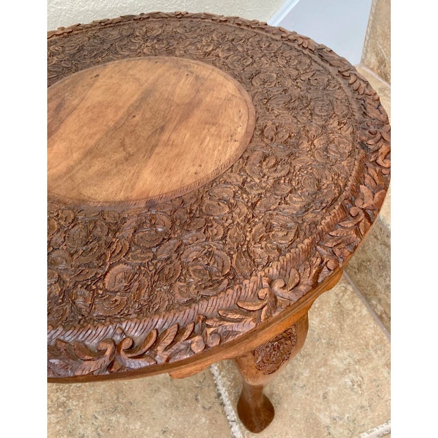 Burnt Umber Hand Carved Mid 20th-Century Shells & Foliates Teak Accent Table For Sale - Image 8 of 13