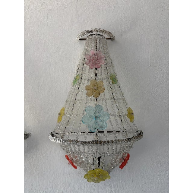 Huge Beaded Colorful Murano Flowers Sconces, Circa 1940 Italian One of a Kind - a Pair For Sale - Image 9 of 14