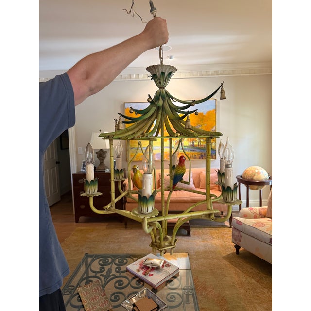Mid-20th Century Coastal Chinoiserie Regency Pagoda Tole Faux Bamboo Chandelier For Sale - Image 4 of 10