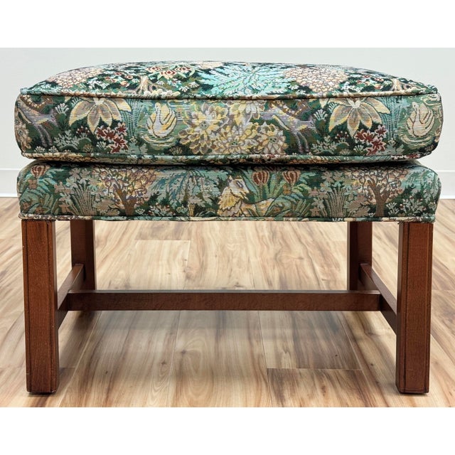 Brown Vintage Ottoman Footstool Newly Upholstered in Bamburgh Forest Whimsical Woods Tapestry Fabric For Sale - Image 8 of 10