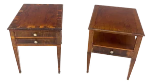 Pair of Yew Wood Banded Two & One Drawer End Tables Nightstands Tapered Leg