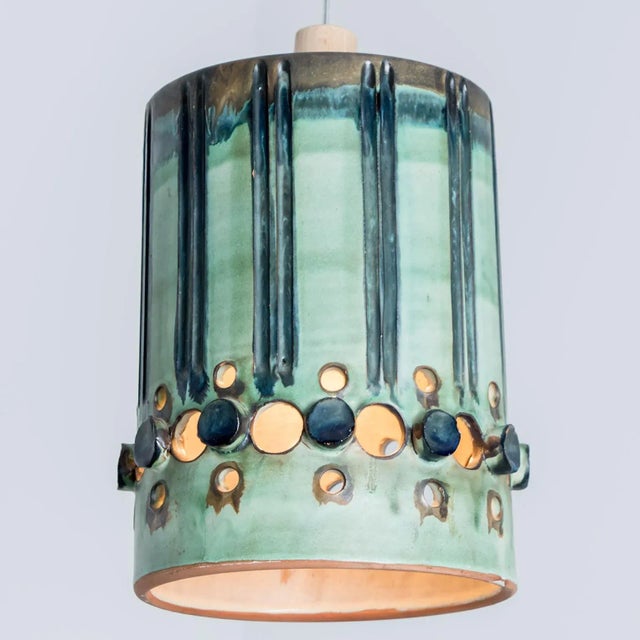 Ceramic Cylinder Green Turquoise Ceramic Pendant Light, Denmark, 1970 For Sale - Image 7 of 13