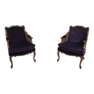 Pair Guy Chaddock Attributed French Cane Side Bergere Chairs For Sale