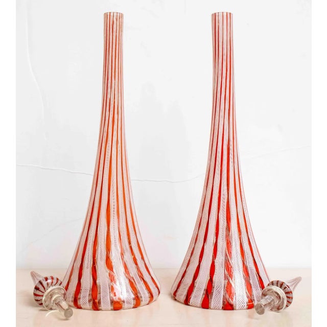 Fratelli Toso Pair of 1950s Orange Swirl Decanters With Matching Stoppers Attributed to Fratelli Toso For Sale - Image 4 of 7