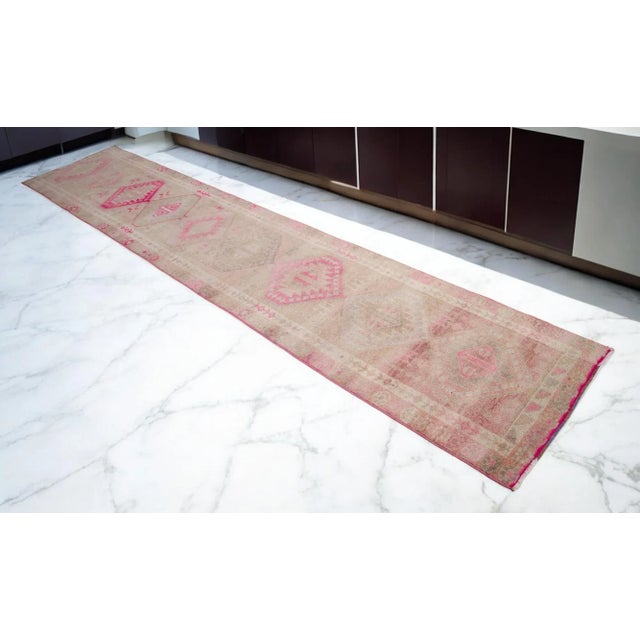 Tribal Hand-Knotted Turkish Runner Rug . Low Pile Hallway Decor - 2′6″ × 12′10″ For Sale - Image 3 of 10