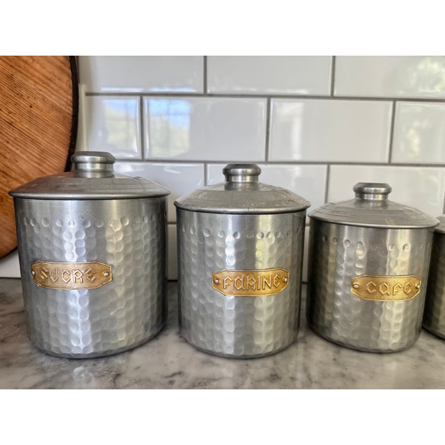 Vintage 1950's French kitchen canisters, set of 6: Sucre (sugar), Farine (flour), Café (coffee), Chicorée (chicory), Thé...