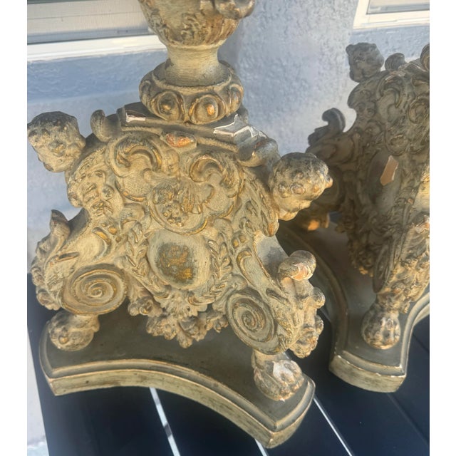 Pair of Antique 18th Century Parcel Paint and Gilt Wood Candlesticks 40 Inches For Sale - Image 9 of 12