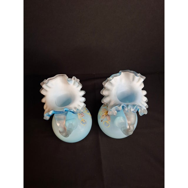 Glass Antique Pair Victorian Blue Satin Cased Glass Pitcher Ewers Hand Painted Orchids Frosted Coral Branch Handles Ruffled Rim - a Pair For Sale - Image 7 of 18