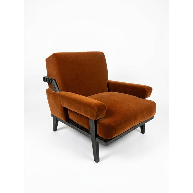 A rare find — a matched pair of custom-built cigar lounge chairs upholstered in carnelian mohair. These were commissioned...
