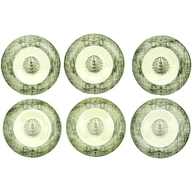 Farmhouse Farmhouse Chic Currier & Ives Green Transferware Plates, S/6 For Sale - Image 3 of 3