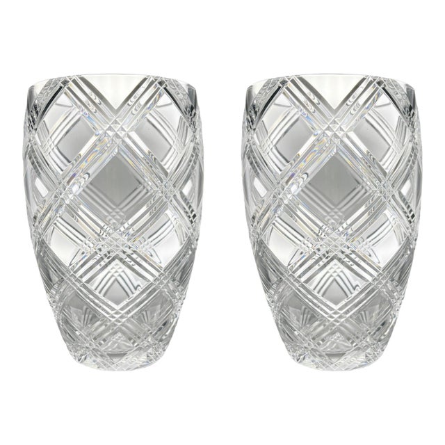 Oversized Crystal Hurricane Pair, Crisscross Cut | 16 Inch Tall, Vintage Tablescape For Sale