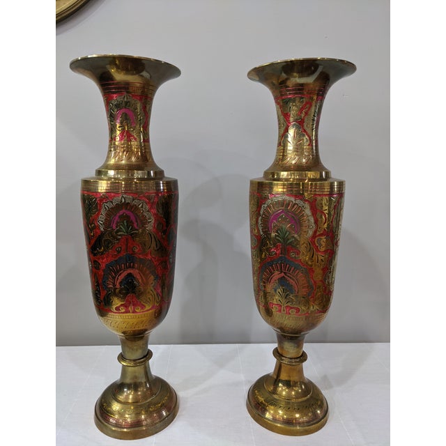 Late 20th Century Large Brass Enameled Vases - a Pair For Sale - Image 11 of 11