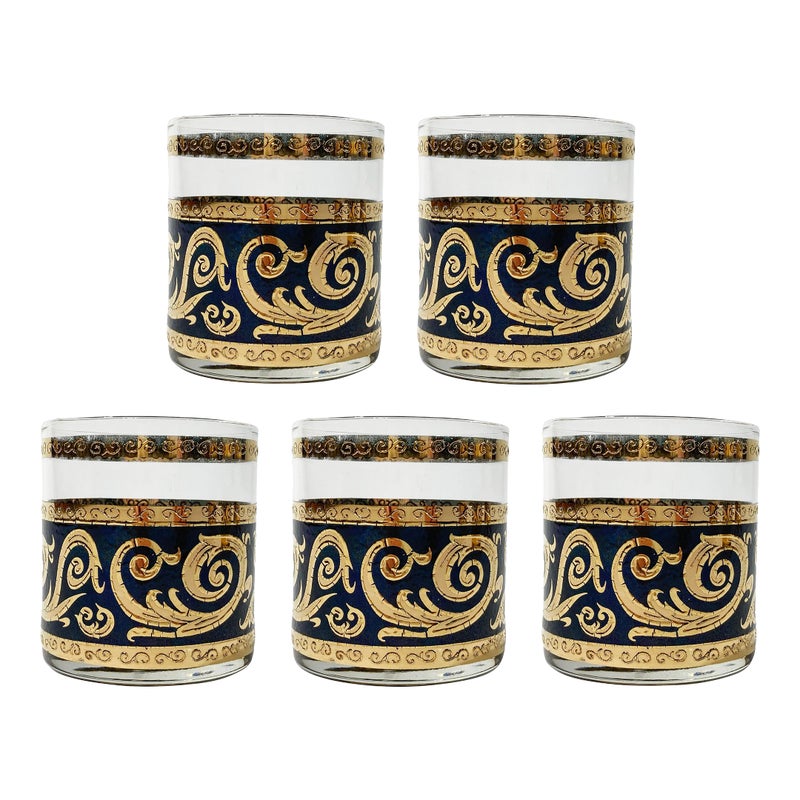 Vintage Culver Ltd Black And Metallic Gold Lowball Glasses, Set Of 5