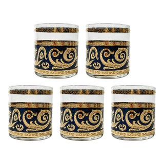 Vintage Culver LTD Black and Metallic Gold Lowball Glasses, Set of 5 For Sale