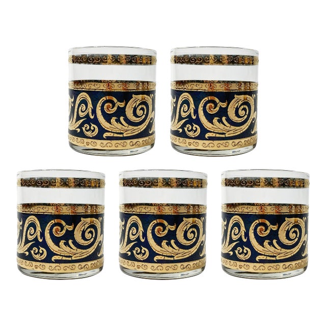 Vintage Culver LTD Black and Metallic Gold Lowball Glasses, Set of 5 For Sale