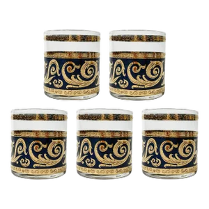 Vintage Culver LTD Black and Metallic Gold Lowball Glasses, Set of 5