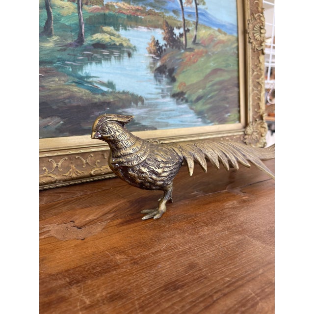Mid-Century Modern Vintage Brass Toned Pheasant Bird Sculpture With Long Tail - Decorative Metal Figurine For Sale - Image 3 of 11