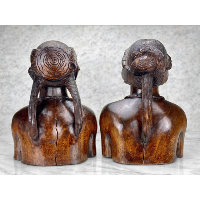 Mid 20th Century Vintage Balinese Tribal Figural Carved Mahogany Bust Sculptures - a Pair For Sale - Image 5 of 12