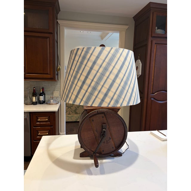 American Custom Lamp Antique Butter Churn With Custom Silk Plaid Shade For Sale - Image 3 of 3
