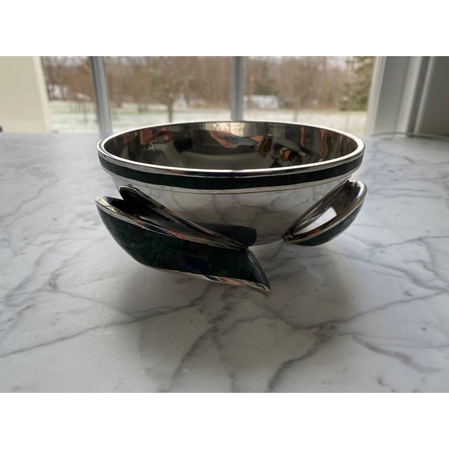 Silver 1970s Mid Century Modern Castillo Taxco Abstract Fish Footed Siver Plated Bowl With Malachite & Azurite Inlay For Sale - Image 8 of 14
