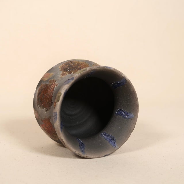 Signed Studio Pottery Raku Ceramic Vessel With Metallic Copper Glaze and Abstract Brushwork For Sale - Image 11 of 17