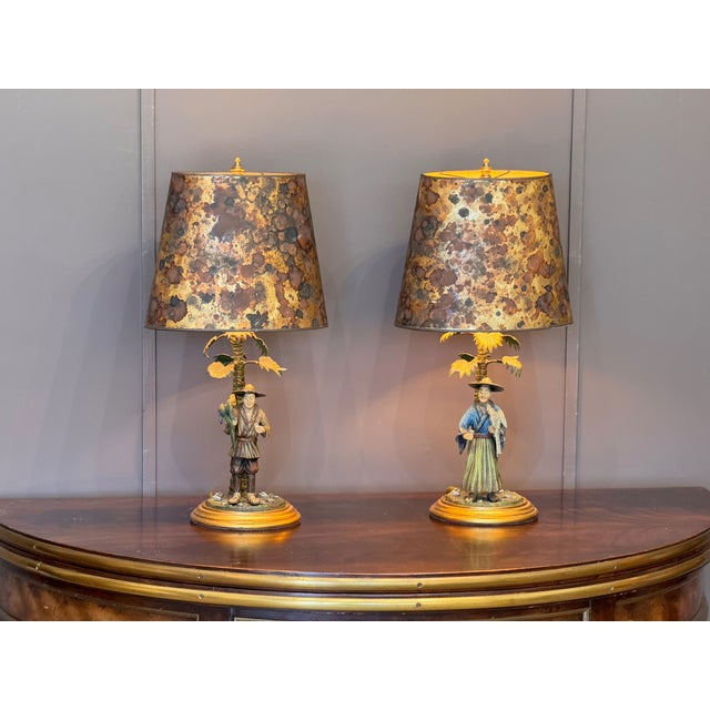 Pair of Cold Painted Bronze Figural Lamps With Mottled Paper Shades For Sale - Image 4 of 16