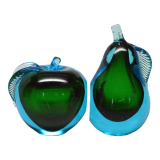 1960s Murano Italian Art Glass Apple Pear Fruit Blue Green Bookends Sculptures- a Pair For Sale
