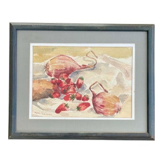 Late 20th Century Mary Kinnear Still Life Watercolor Painting With Strawberries and Purple Onions, Framed For Sale