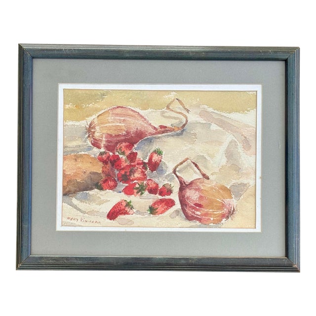Late 20th Century Mary Kinnear Still Life Watercolor Painting With Strawberries and Purple Onions, Framed For Sale