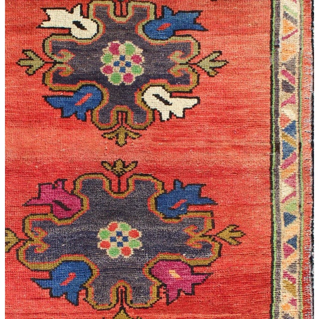 Tribal Vintage Turkish Oushak Rug in Red Background and Cheerful Colors For Sale - Image 3 of 7