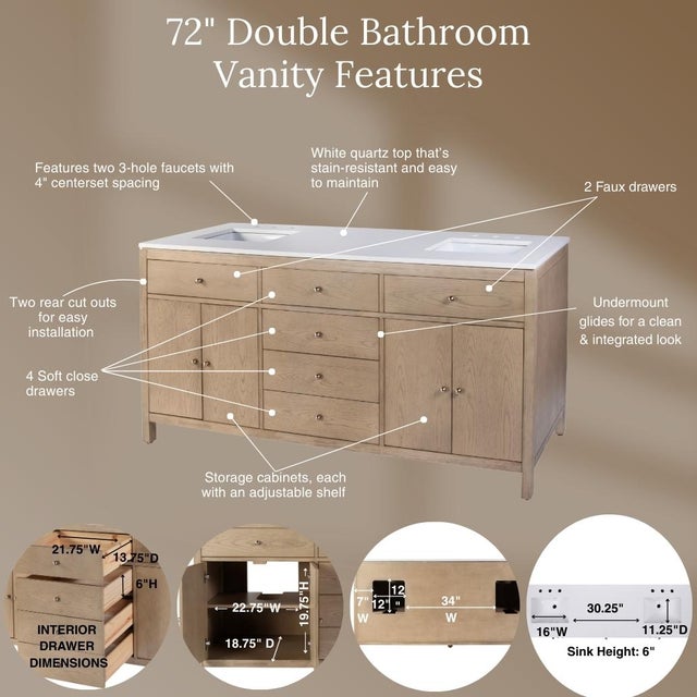 2020s Nora 72 in. W Quartz and Wood Double Sink 4 Drawer Bathroom Vanity Set, Light Oak For Sale - Image 5 of 12