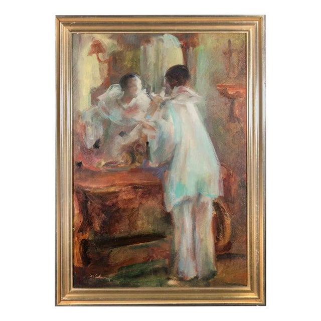Vrbova Miloslava Prof. Zinkovy, Pierot in the Dressing Room, Oil on Canvas, Mid-20th Century For Sale