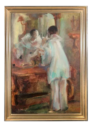 Vrbova Miloslava Prof. Zinkovy, Pierot in the Dressing Room, Oil on Canvas, Mid-20th Century