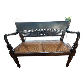 Hand-Carved Sunburst Rattan Bench – Colonial Elegance & Bohemian Charm For Sale