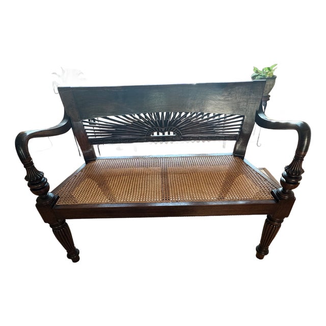 Hand-Carved Sunburst Rattan Bench – Colonial Elegance & Bohemian Charm For Sale