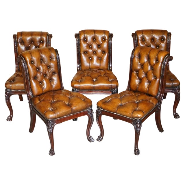 Carved Chesterfield Brown Leather Dining Chairs from C Hindley & Sons, 1845, Set of 5 For Sale