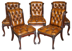 Carved Chesterfield Brown Leather Dining Chairs from C Hindley & Sons, 1845, Set of 5