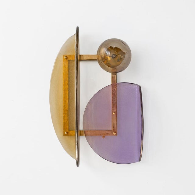 Mid-Century Modern Architectural Sculptural Murano Glass and Brass Wall Sconces, Italy, 2000s, Set of 2 For Sale - Image 3 of 10