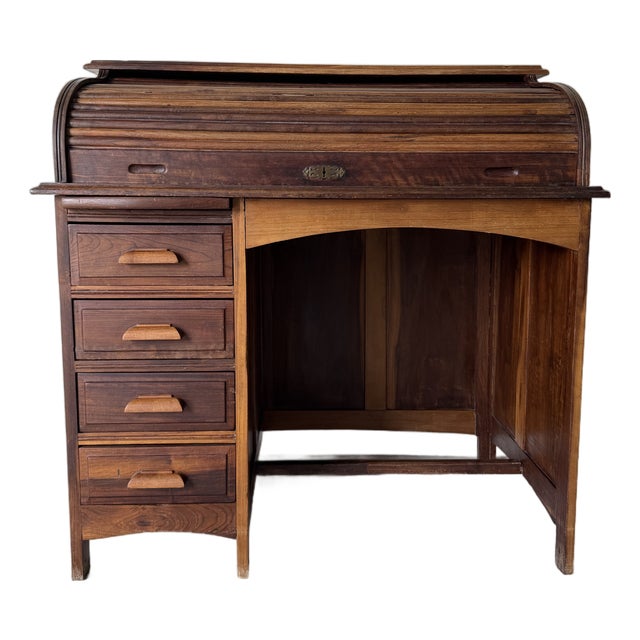 Antique Early 20th Century Solid Wood Roll Top Desk With Drawers & Interior Organizer For Sale