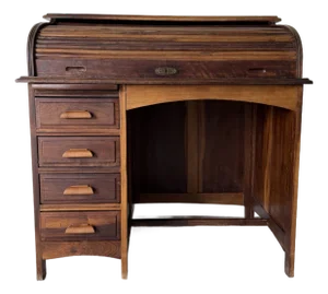 Antique Early 20th Century Solid Wood Roll Top Desk With Drawers & Interior Organizer