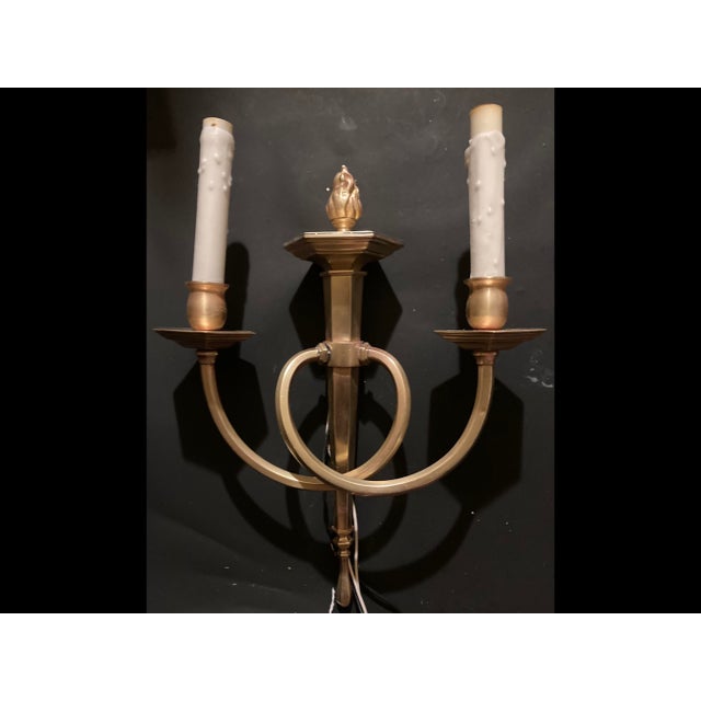 French Pair of Antique French Brass Two-Light Wall Sconces With Double Scroll Arms For Sale - Image 3 of 5