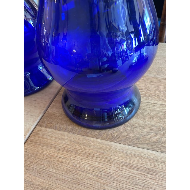 Large Striking Cobalt Blue Glass Candle Hurricanes or Vases- A Pair For Sale In Philadelphia - Image 6 of 7