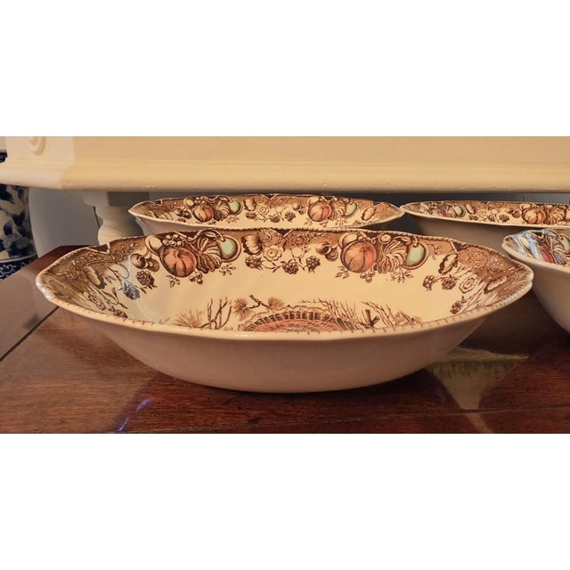 Vintage Johnson Brothers "His Majesty" oval serving bowl. Featuring a traditional holiday turkey transferware pattern with...