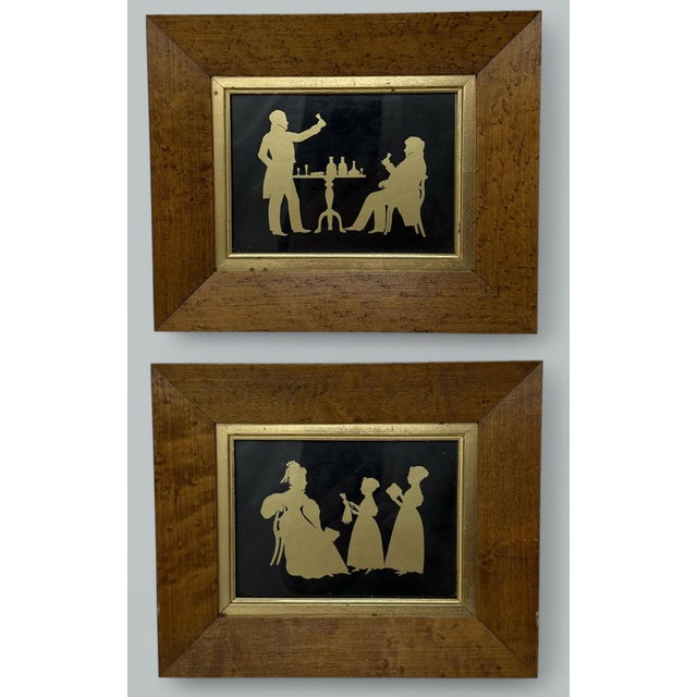 Impressive Pair of Silhouettes one of two Gentlemen sampling various drinks, the other depicting a mother with two...