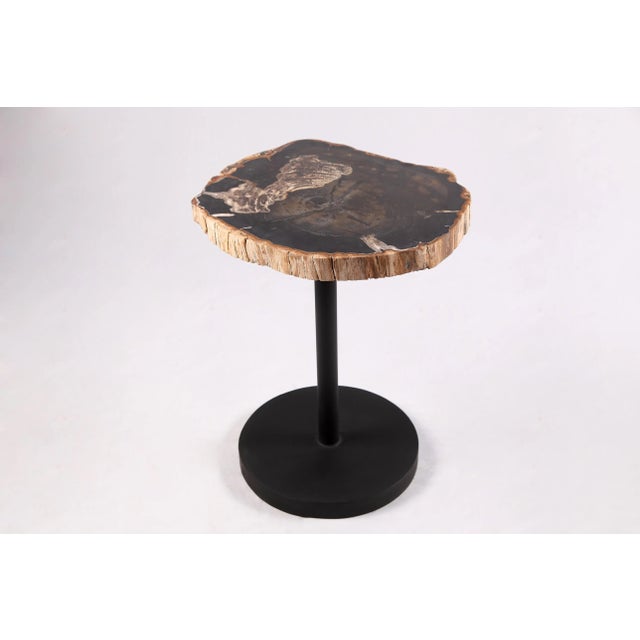 Contemporary Living Edge Petrified Wood Top W Black Metal Stand Accent Table or Side Table 62 For Sale - Image 3 of 5