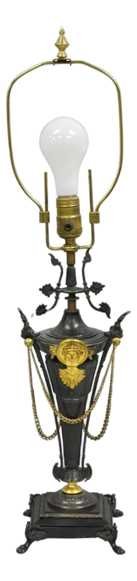 Antique French Empire Neoclassical Bronze & Marble Small Figural Table Lamp