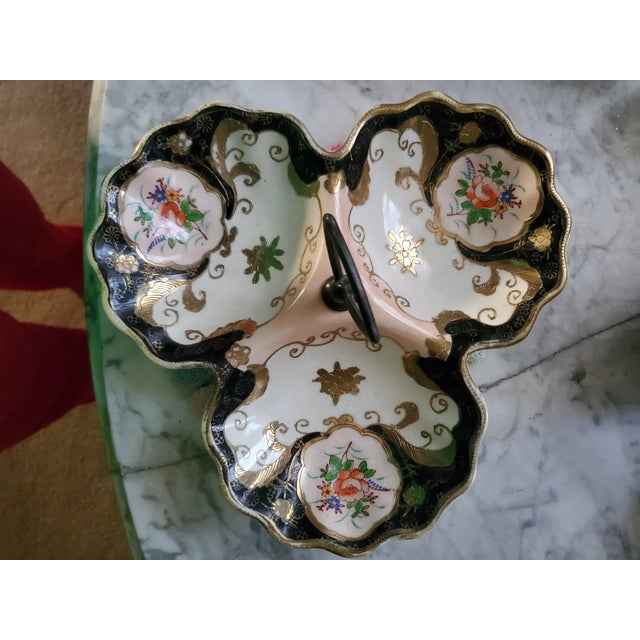 Metal 1940s Occupied Japan Era Three Bowl Candy Dish Hand-Painted Porcelain For Sale - Image 7 of 7