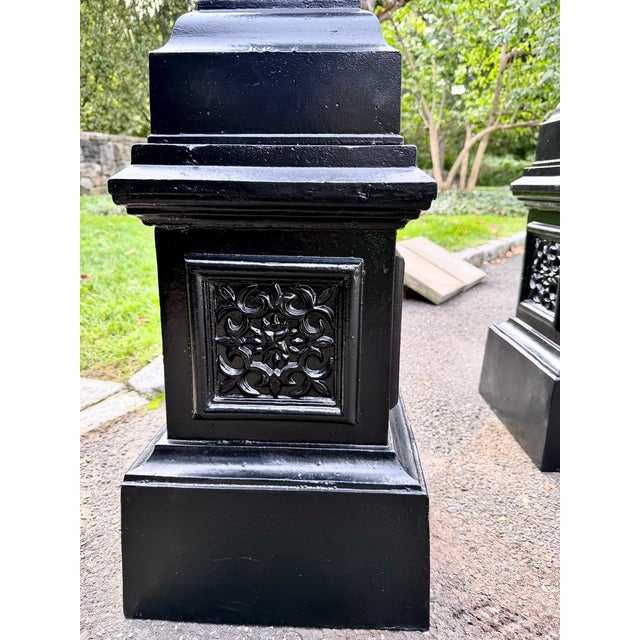Large Antique Black Cast Iron Garden Urns on Pedestals, Pair, Circa 1900 For Sale - Image 15 of 18
