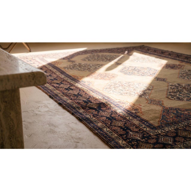 Camel 1890s Tan Camel Diamond Antique W. Persian Senneh Rug 4'8" X 6'6" Handknotted Wool Carpet For Sale - Image 8 of 9
